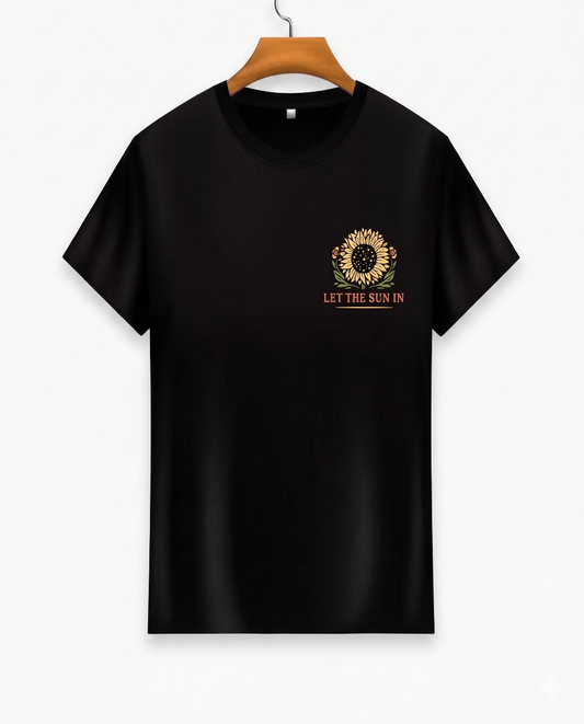 Black t-shirt with a sunflower design and text on a transparent background