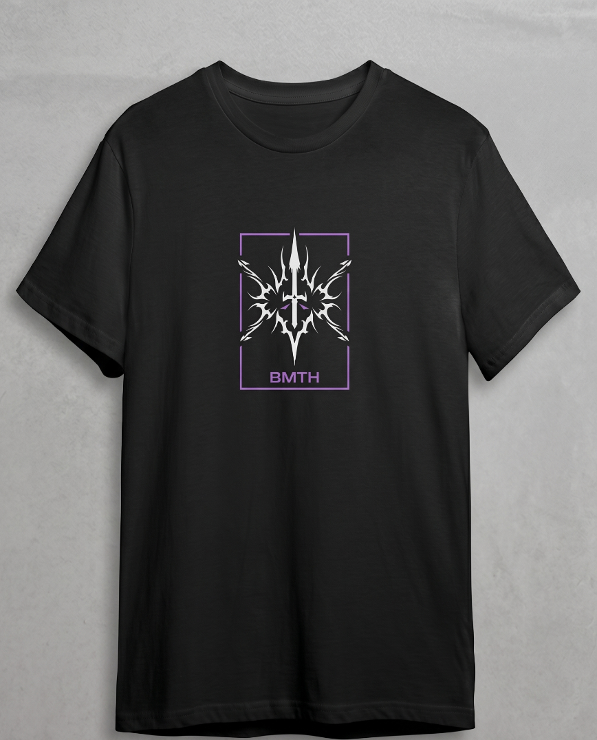 Black t-shirt with a logo and 'BMTH' text on a gray background