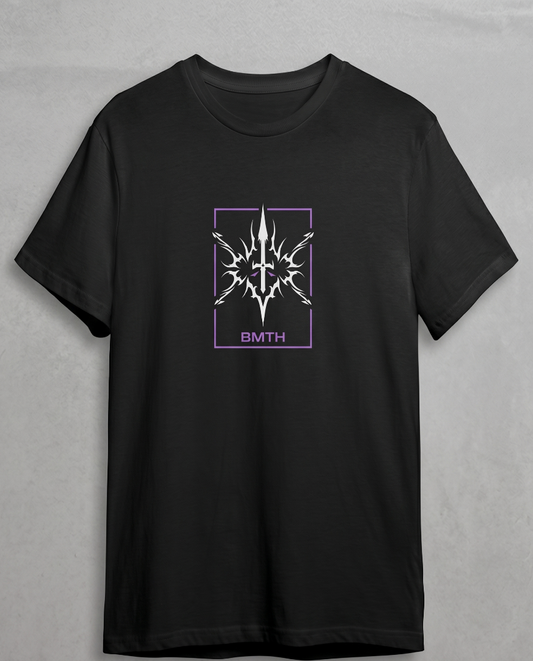 Black t-shirt with a logo and 'BMTH' text on a gray background